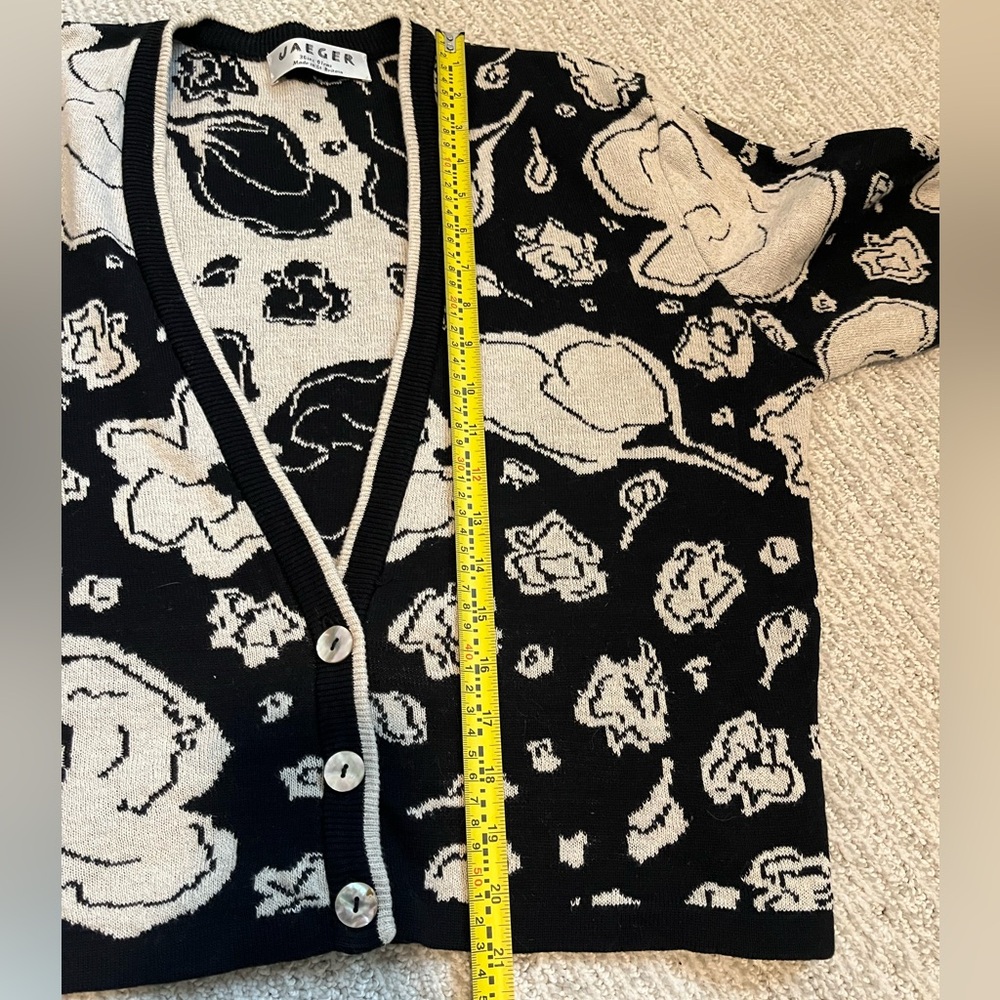 Vintage Jaeger Floral Knit Cardigan Made in Britain Cotton Linen Black Cream - Picture 6 of 10